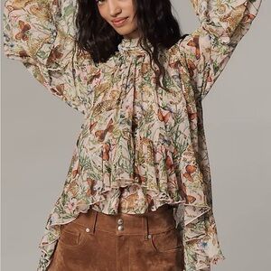 Floral Butterfly Ruffle Blouse - Cream